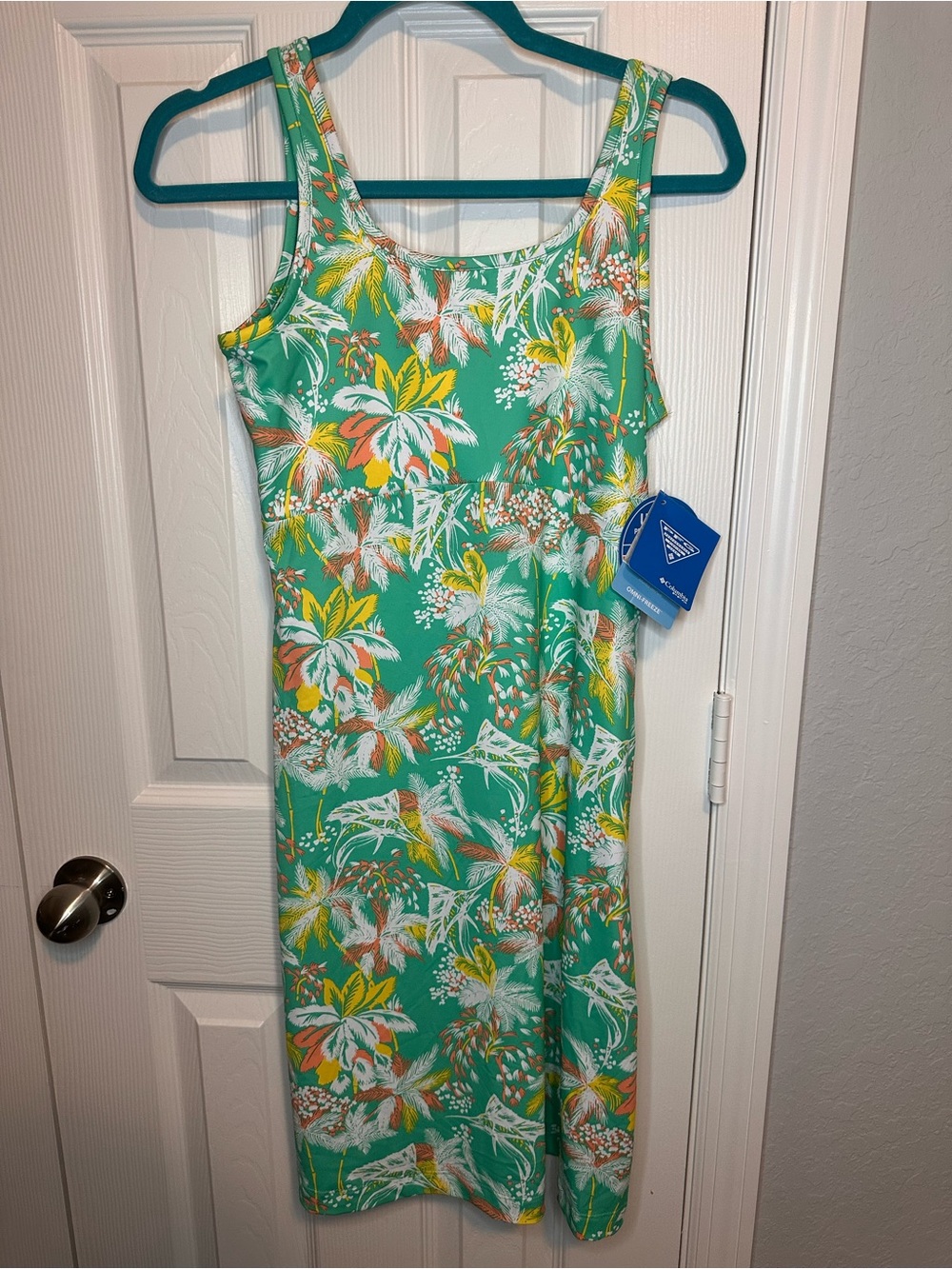 Columbia Teal Tropical-Print Sleeveless Midi Dress